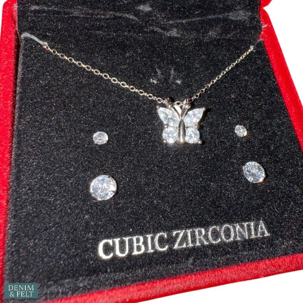 Giani Bernini Butterfly Necklace &‎ 2 Pair Cubic Zirconia Stud Earrings Sterling - Picture 4 of 5